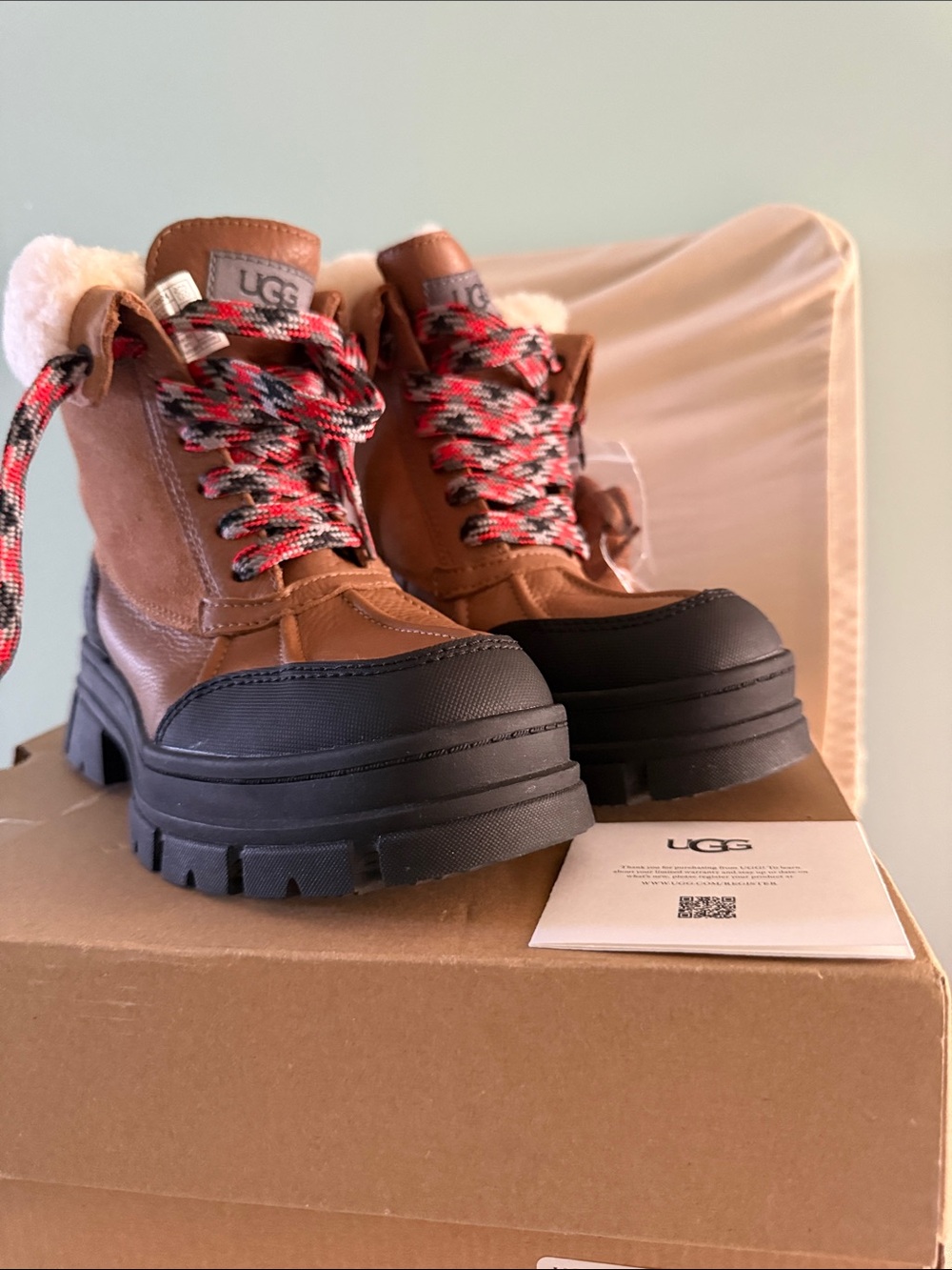 UGG Brown Leather Lace-Up Boots with Black Lug Sole